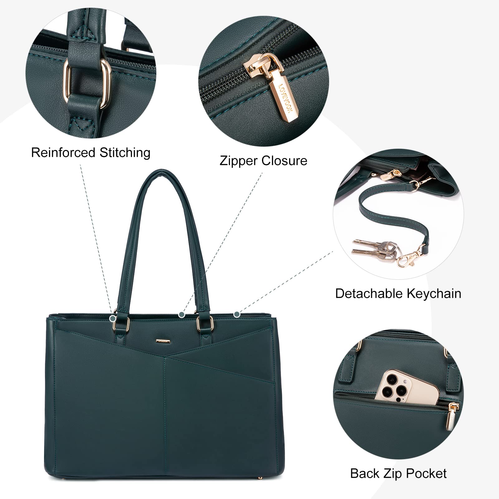 LOVEVOOK 15.6 Inch Waterproof Leather Laptop Bag for Women - Stylish Tote Briefcase for Business, Office & Travel | Durable Work Bag with Multiple Pockets (Green) | Perfect for Commuting, Business Trips & Professional Meetings