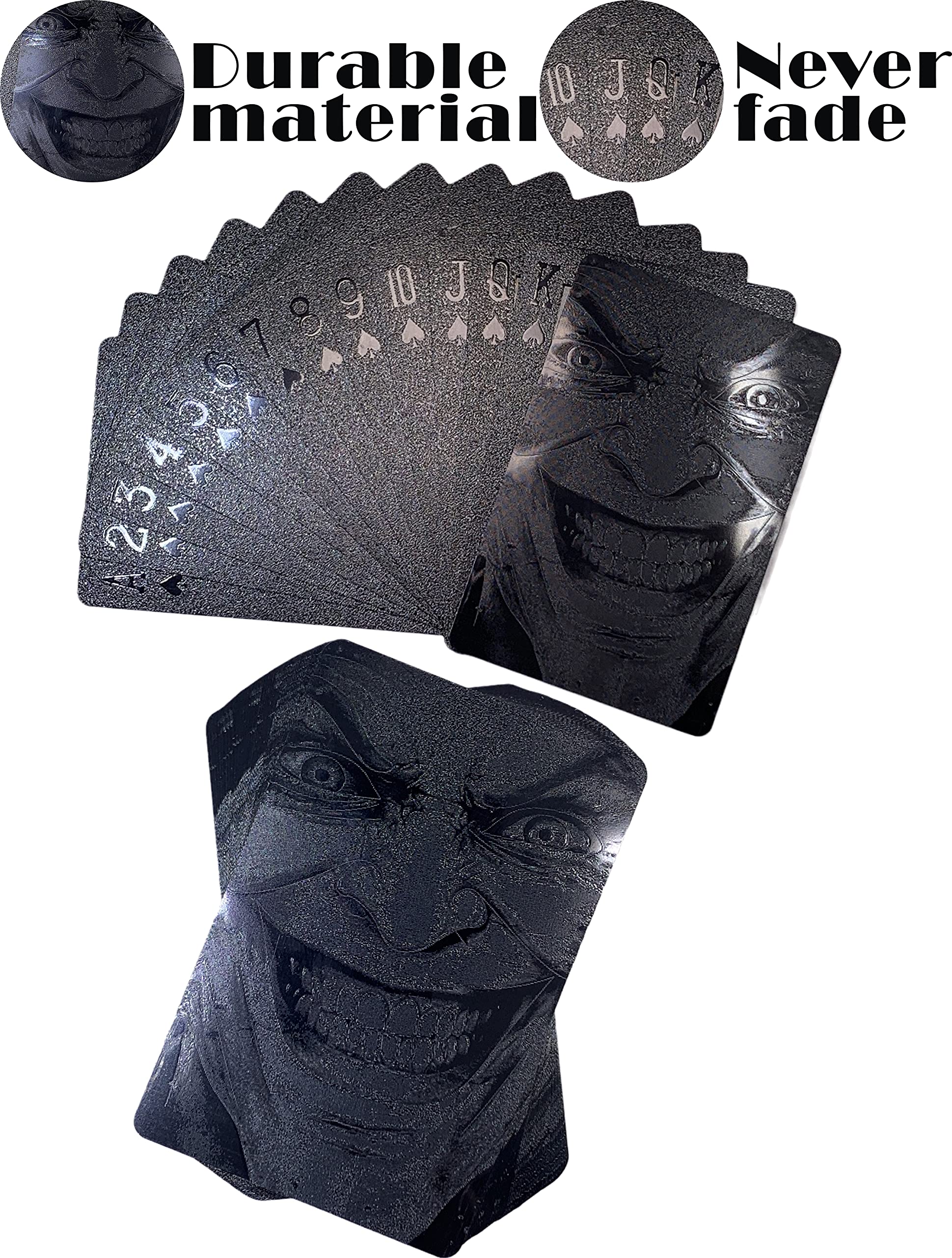 Black Playing Cards Deck - 2 Pack Premium PET Plastic Poker Cards with Evil Smile Clown Design | Waterproof, Unique Themed Magic & Party Game Cards for Poker Nights, Card Tricks, and Casino-Themed Events