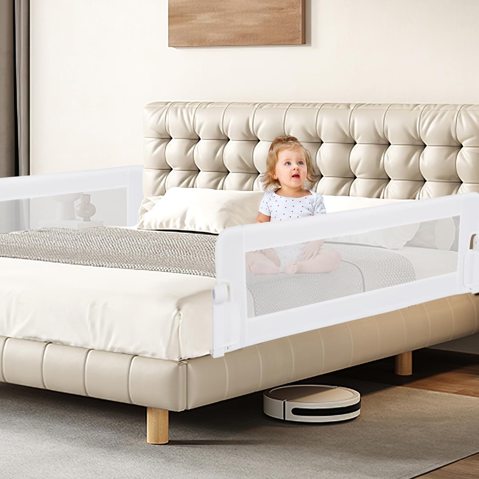 BABY JOY Double Sided Bed Rail Guard - 2 Pack Extra Long Swing Down Convertible Crib Safety Rail for Toddlers | Folding Bed Rail for Twin Full Queen King Mattress (White 60