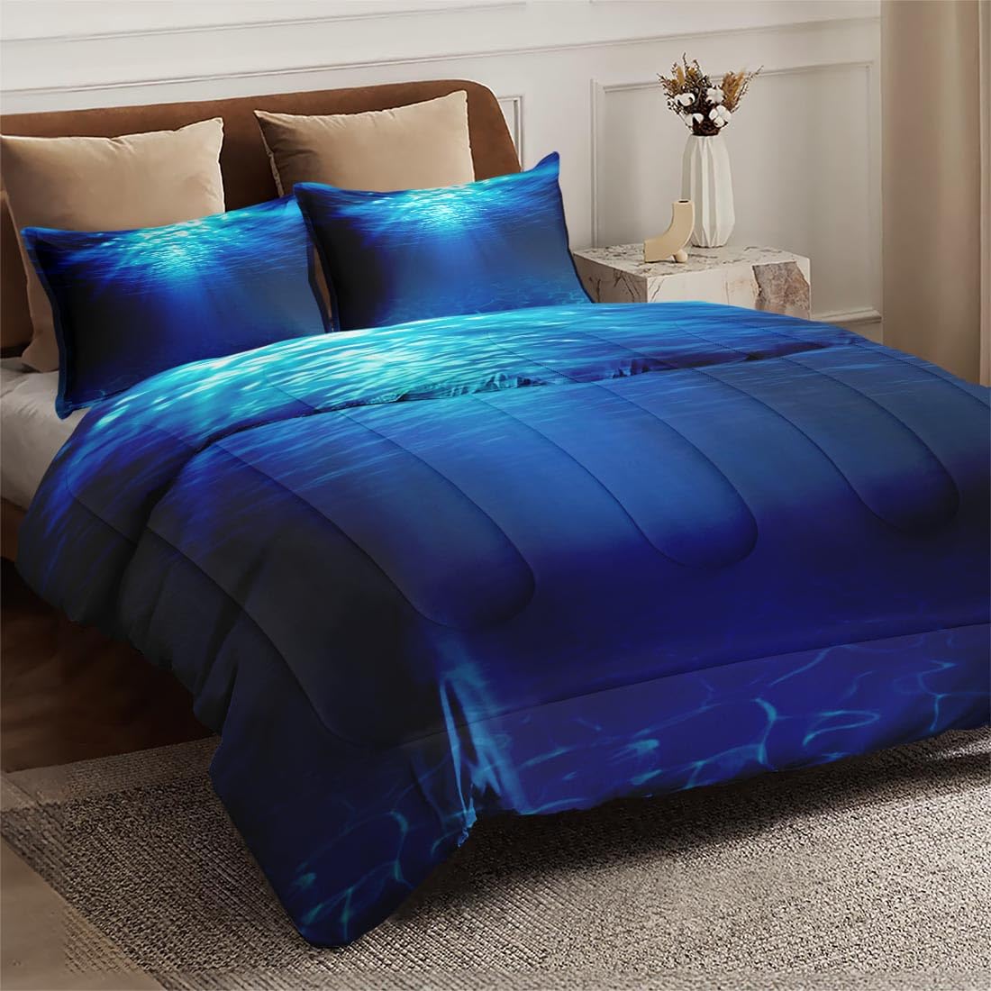 Queen Size Comforter Set - Soft Underwater Ocean Blue Bedding for Kids & Adults | Includes 2 Pillowcases | Perfect for Bedroom Decor & Coastal Themed Rooms