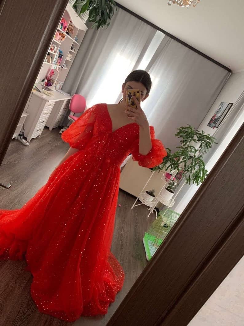 Starry Tulle Puffy Sleeve Prom Dress - A-Line Split Formal Long Sparkle V-Neck Ball Gown for Evening Party | Black Size 22 | Perfect for Homecoming, Prom Night, Wedding Guest & Special Occasions
