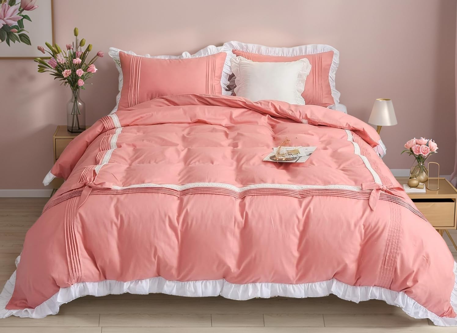 FADFAY 100% Cotton 600 Thread Count Twin Princess Bedding Set - Elegant Ruffle Duvet Cover with Lace Trim, Zipper Closure & Corner Ties | Ultra Soft, Anti-Fade Coral Pink Comforter Cover for Girls | Perfect for Kids' Bedrooms, Sleepovers & Nursery Decor