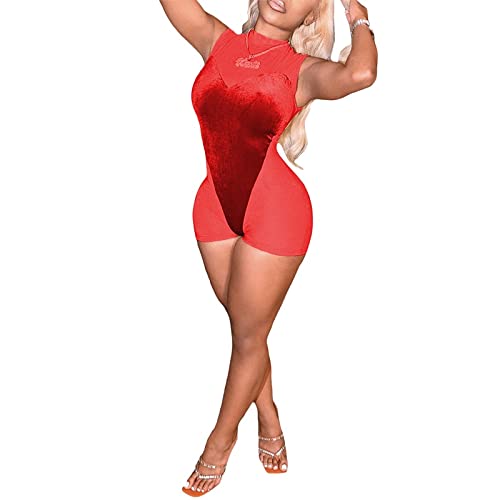 Miqil Women's Sexy Mesh Patchwork Jumpsuit - Sleeveless See-Through Crewneck Velvet One Piece Outfit for Valentine's Day, Date Night & Club Wear