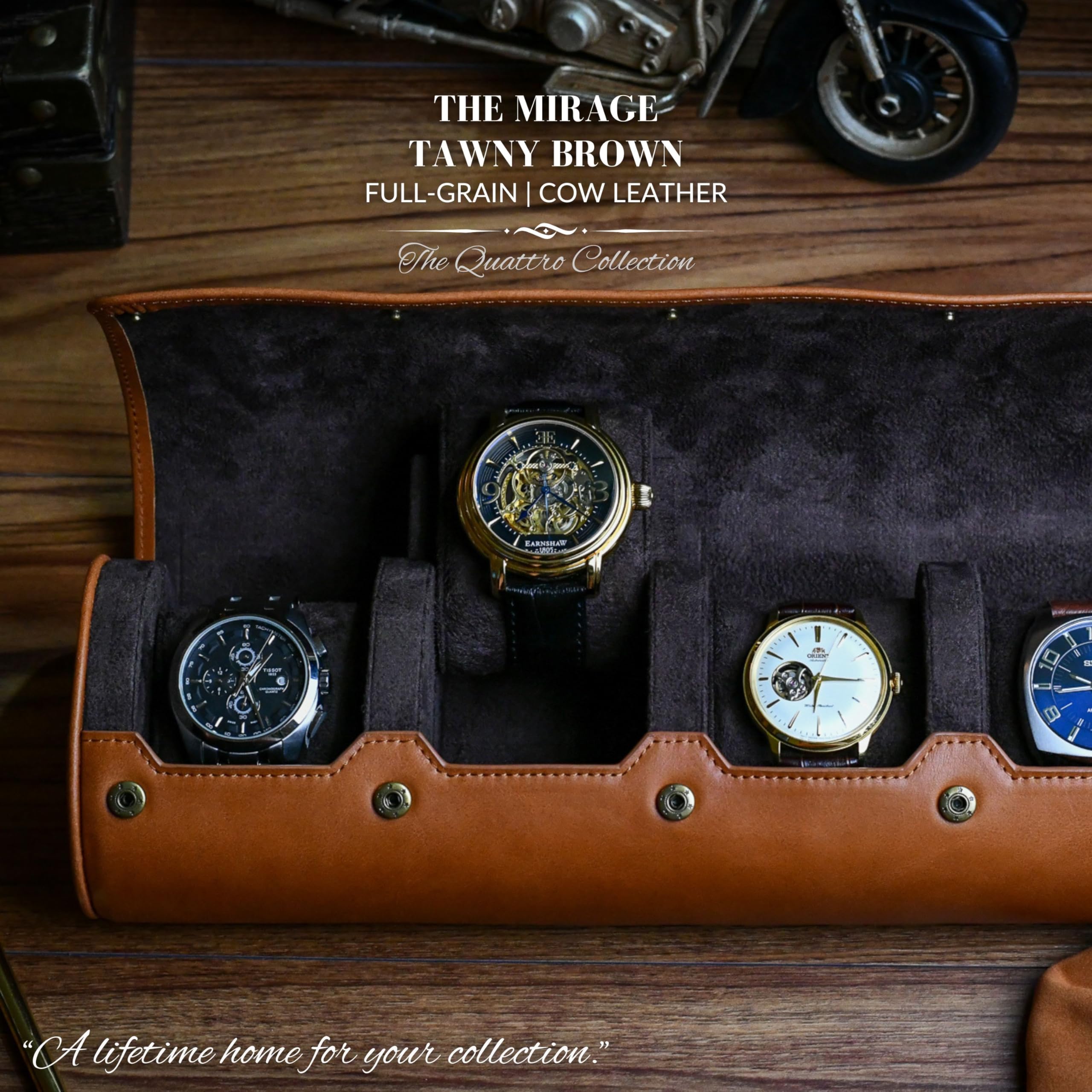 4-Piece Leather Watch Travel Case for Men - Premium Brown Full Grain Cowhide Watch Roll Storage Organizer - Perfect for Business Trips, Vacations & Watch Collectors