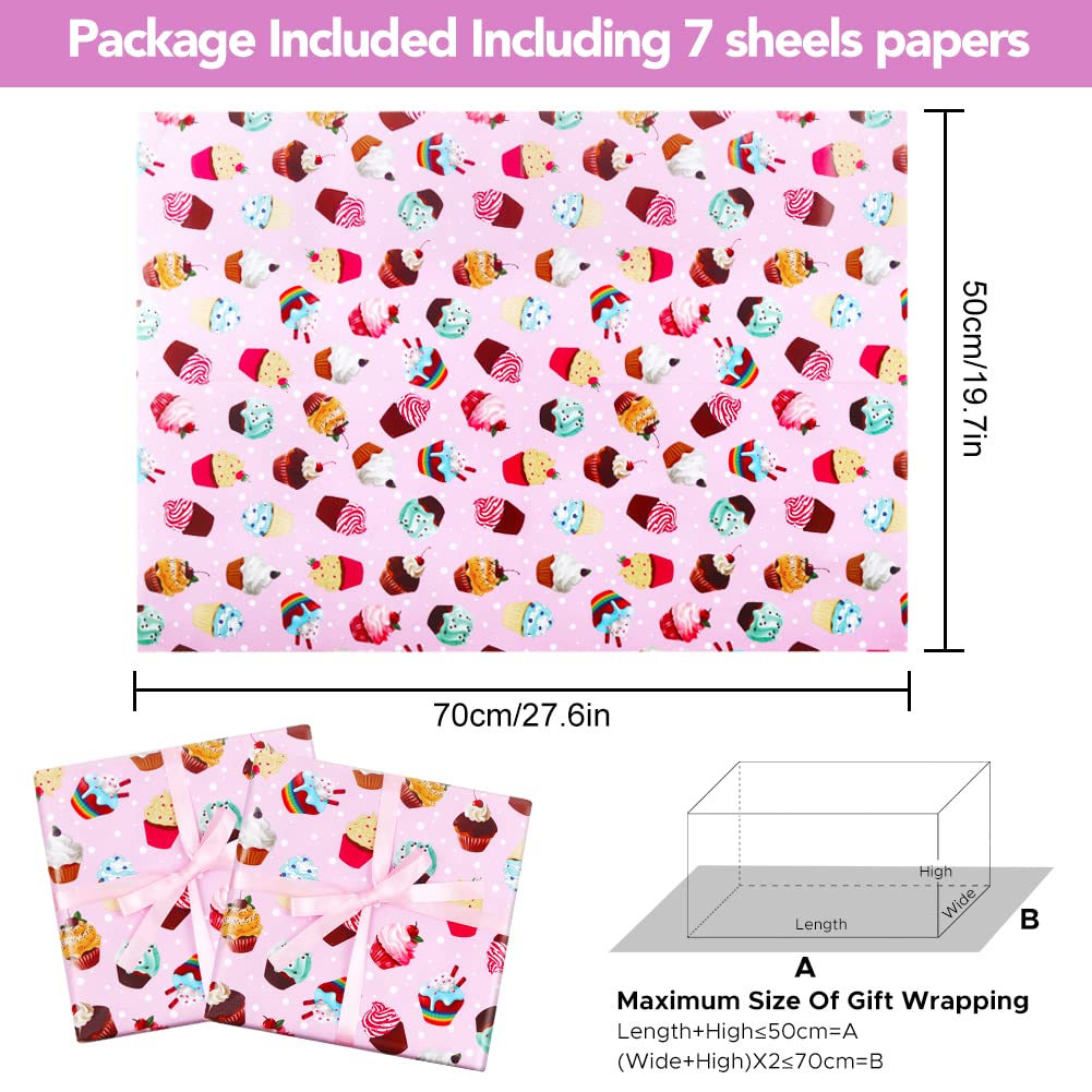 Pink Cupcake Birthday Wrapping Paper - 7 Sheets 20x28 Inch Gift Wrap with Ribbon for Kids, Girls, Boys | Perfect for Birthday Parties, Baby Showers & Gift Giving