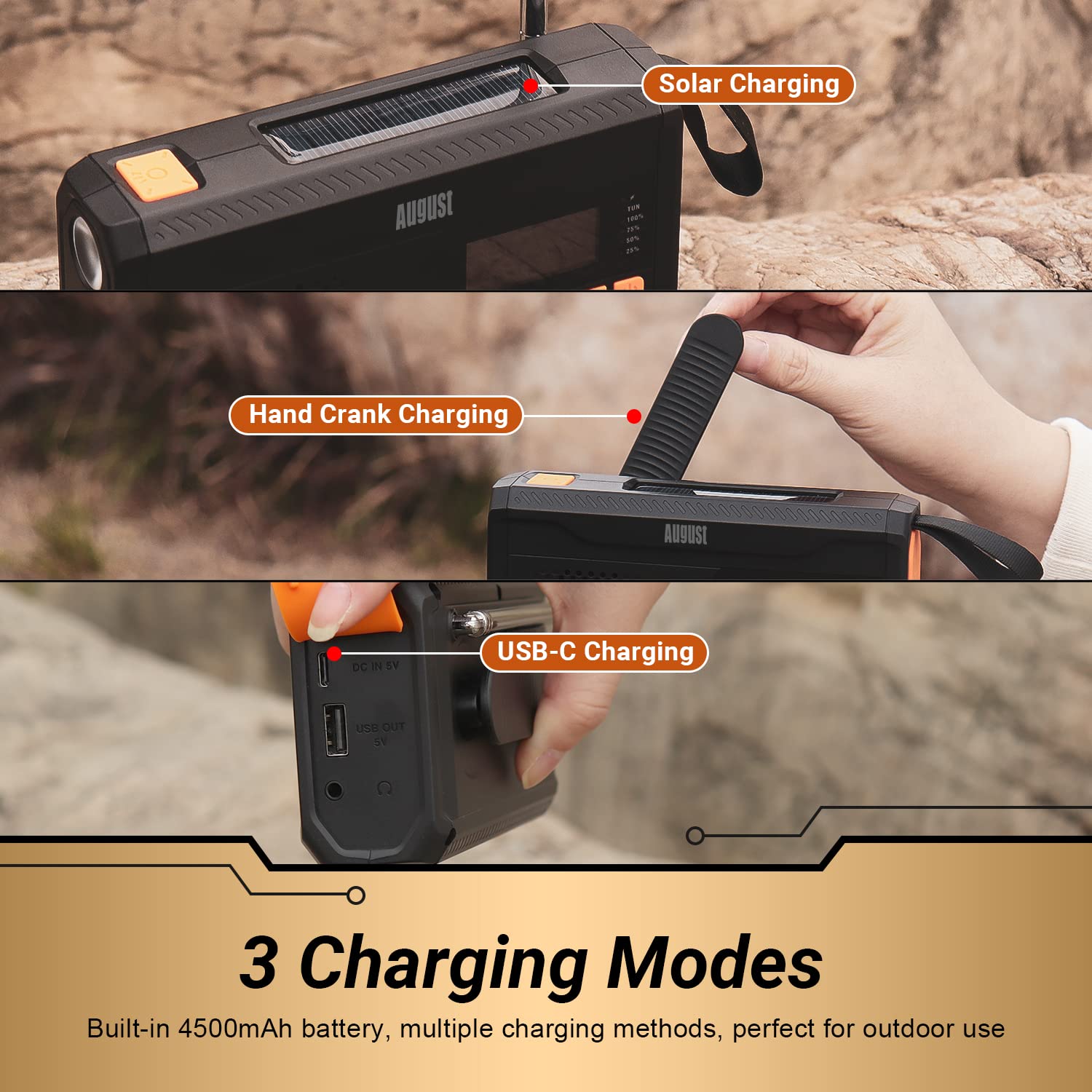 August MB290B Portable Emergency Hand Crank Radio with FM/DAB/Bluetooth, 4500mAh Power Bank, USB Phone Charger, Flashlight & SOS Light - Perfect for Camping, Hiking, Outdoor Adventures & Emergency Preparedness - Black