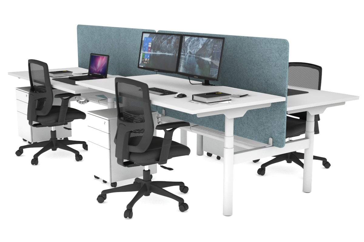 Flexi Premium Height Adjustable 4-Person H Bench Workstation - White Frame [1600L x 800W with Cable Management] - Ideal for Office, Coworking Spaces & Collaborative Work Environments