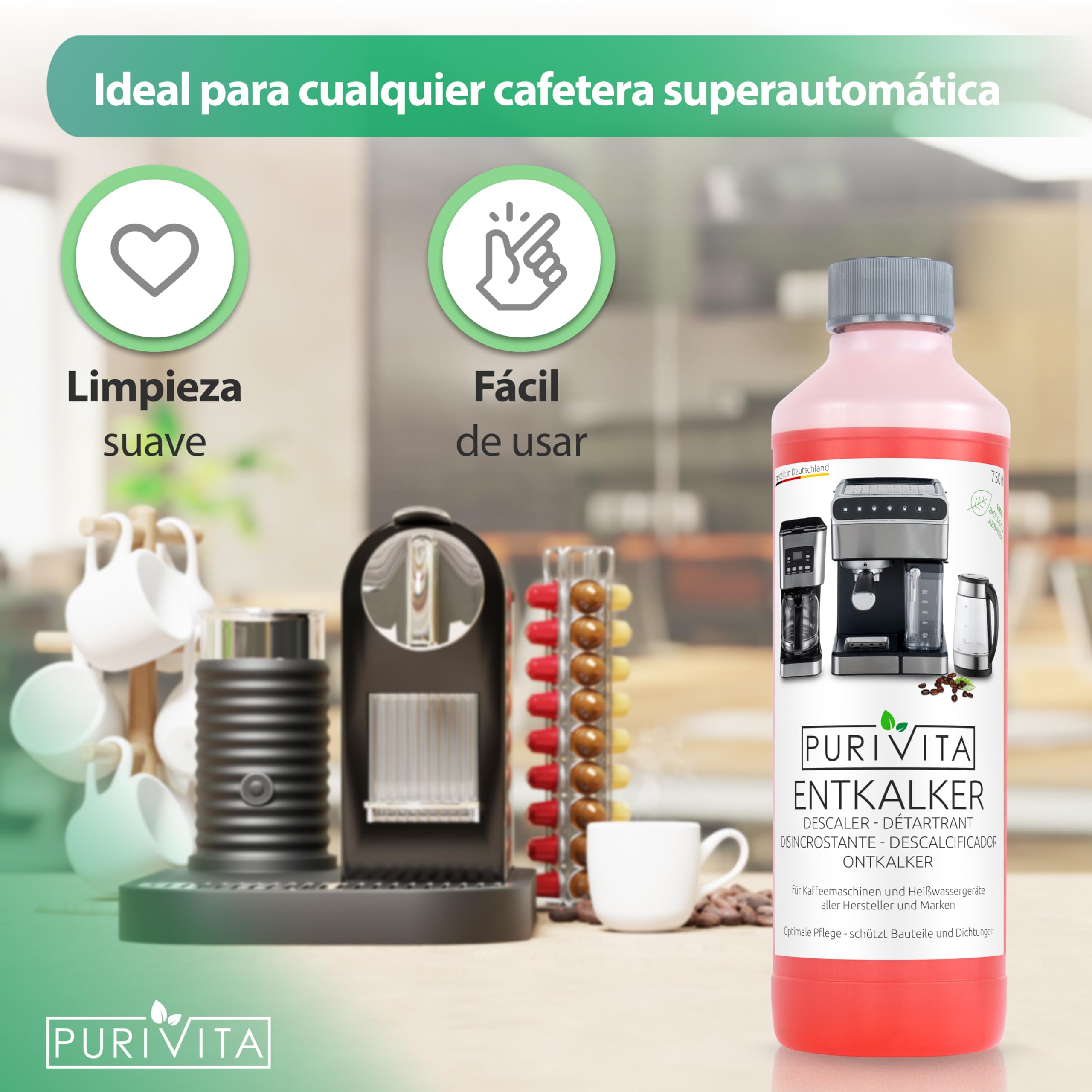 PURIVITA Universal Coffee Maker Descaler - Premium Descaling Solution for All Top Coffee Machine Brands (1 x 750ml) - Remove Limescale & Maintain Brew Quality for Keurig, Nespresso, Espresso Machines