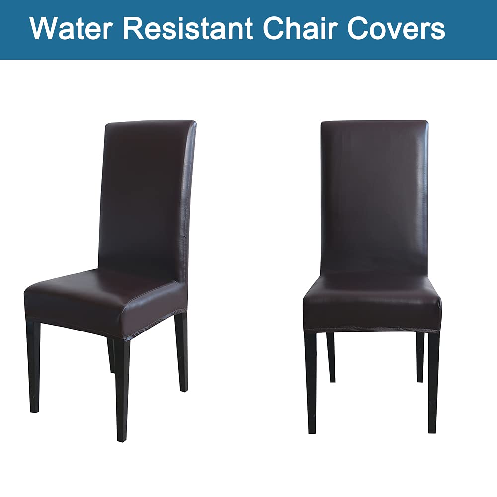 Lygooh PU Leather Dining Chair Covers - Waterproof, Oilproof, Stretchable Slipcovers (4-Pack, Deep Coffee) - Perfect for Dining Room, Kitchen & Living Room Furniture Protection