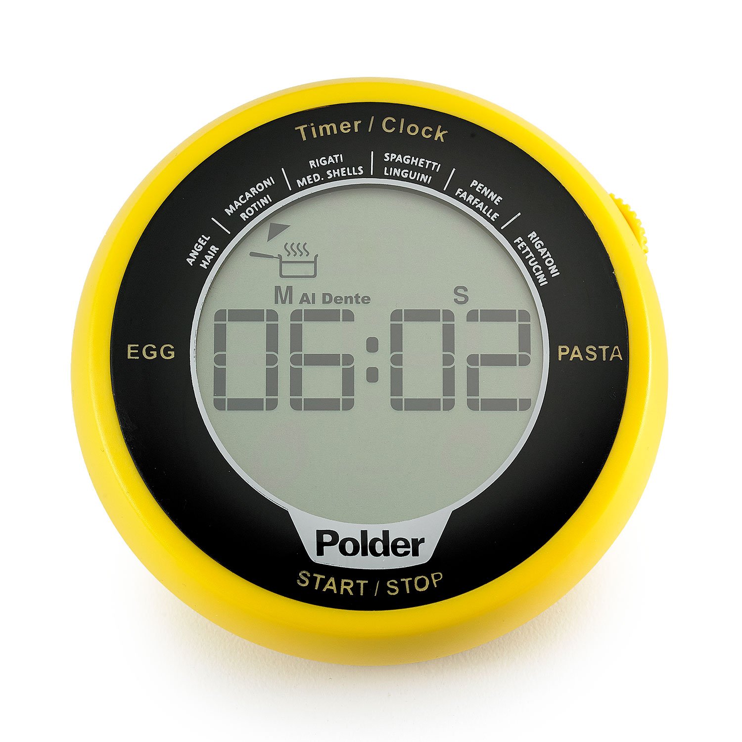Polder Digital Egg and Pasta Timer with Preset Times & Built-in Clock - Yellow Kitchen Timer for Cooking, Baking, and Meal Prep - Perfect for Eggs, Pasta, Baking, and More