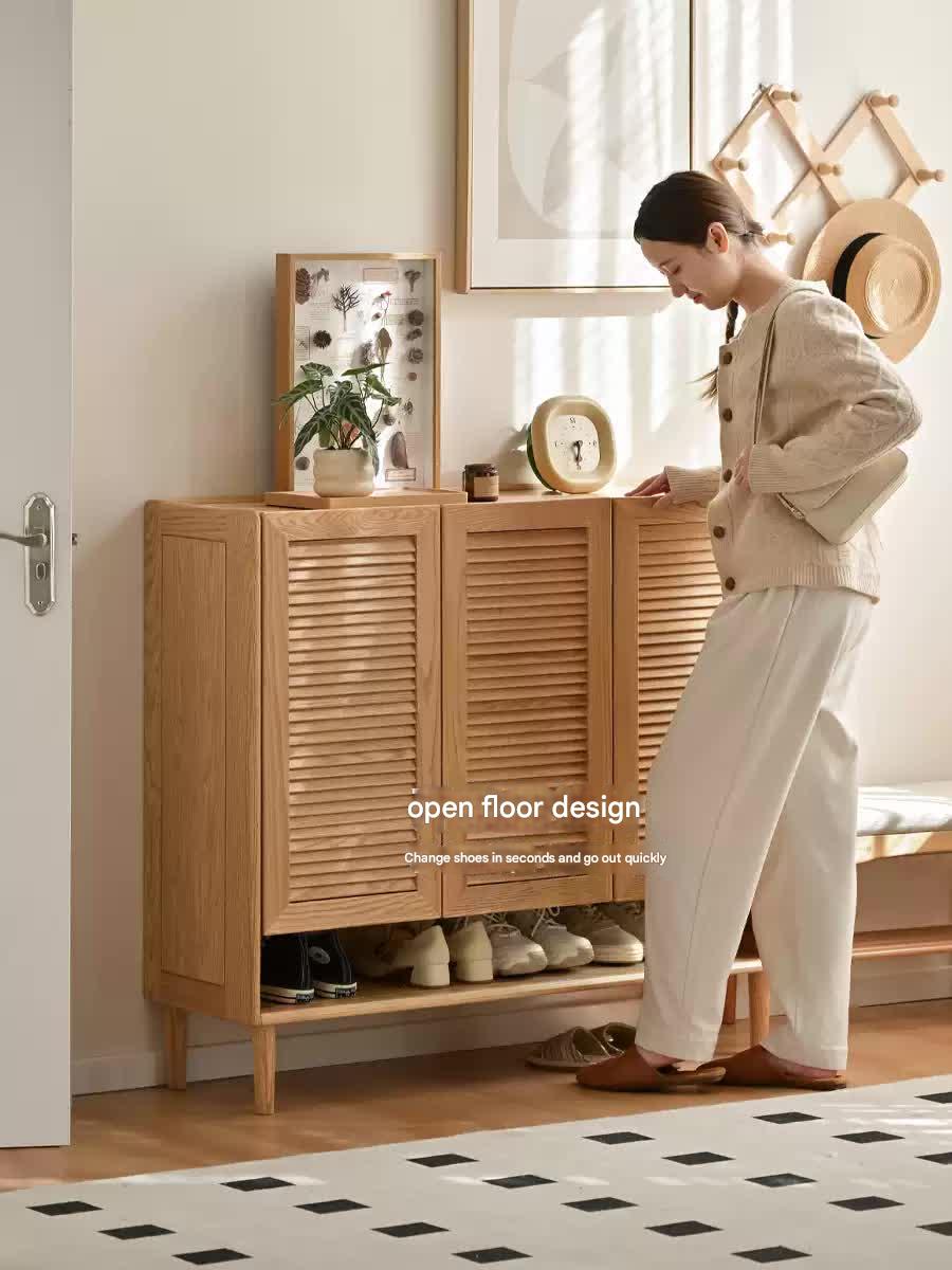 Solid Oak Wood Modern Shoe Cabinet with Storage - Stylish Entryway Organizer for Home & Office