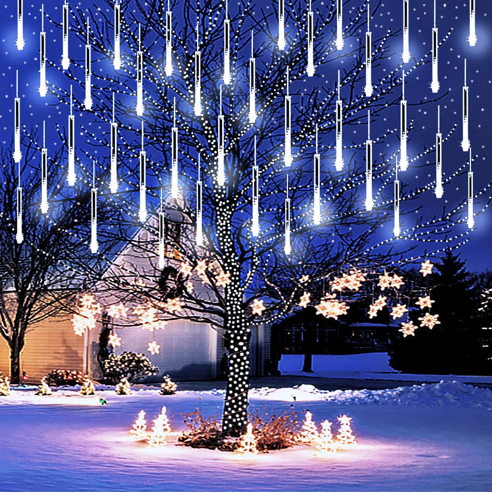 12 Inch 8 Tubes LED Meteor Shower Christmas Lights - Outdoor Waterproof Cascading Icicle Snow Falling String Lights for Holiday Decoration, Tree, Garden, Wedding & Party (White) - Perfect for Rooflines, Windows, Fences and Outdoor Holiday Displays