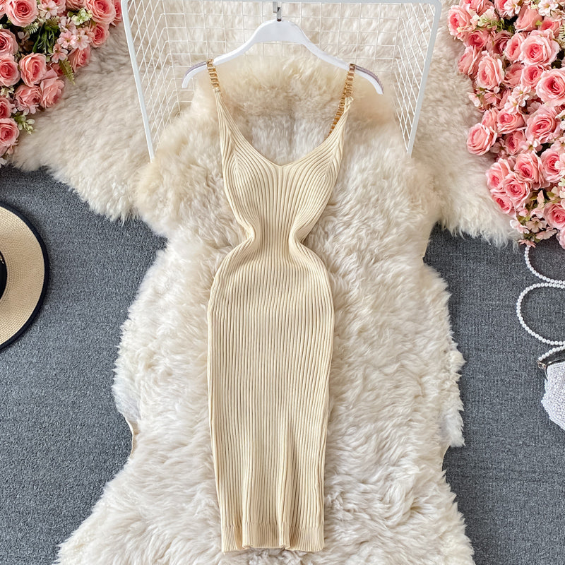 2023 Summer New Knitted Chain Shoulder Strap Sheath Dress for Women - Elegant Bodycon Party Dress for Night Out, Club, Date Night, Wedding Guest (Style 435)