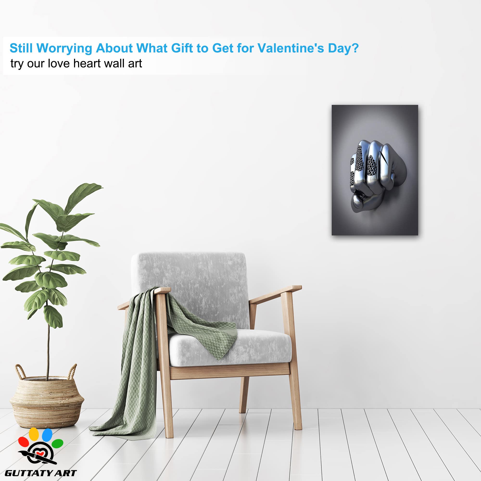3D Metal Effect Fist Canvas Wall Art - Modern Silver Framed Wall Decor for Men's Bedroom & Living Room - 12x18 Inches Valentine's Day Gift - Perfect for Home Office, Man Cave, and Contemporary Interior Design