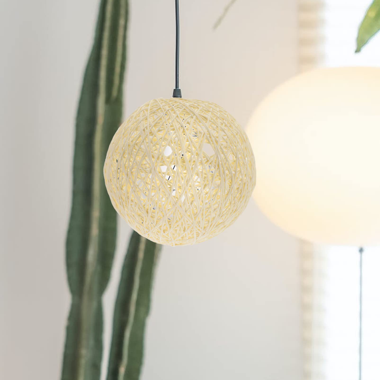 Zerodeko Takraw Drum Pendant Light Fixture - Rustic Hanging Lamp & Table Lamp with Glass Globe Shade - Vintage Japanese Washi Paper Design for Living Room, Bedroom, and Dining Room Lighting