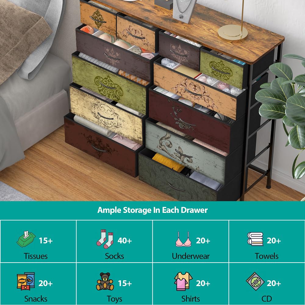 12-Drawer Tall Fabric Dresser for Bedroom - Modern Storage Chest with Drawers for Closet, Nursery, Bedside, Living Room, Entryway & Hallway | Space-Saving Organizer for Clothes, Toys & Home Essentials (Pattern)