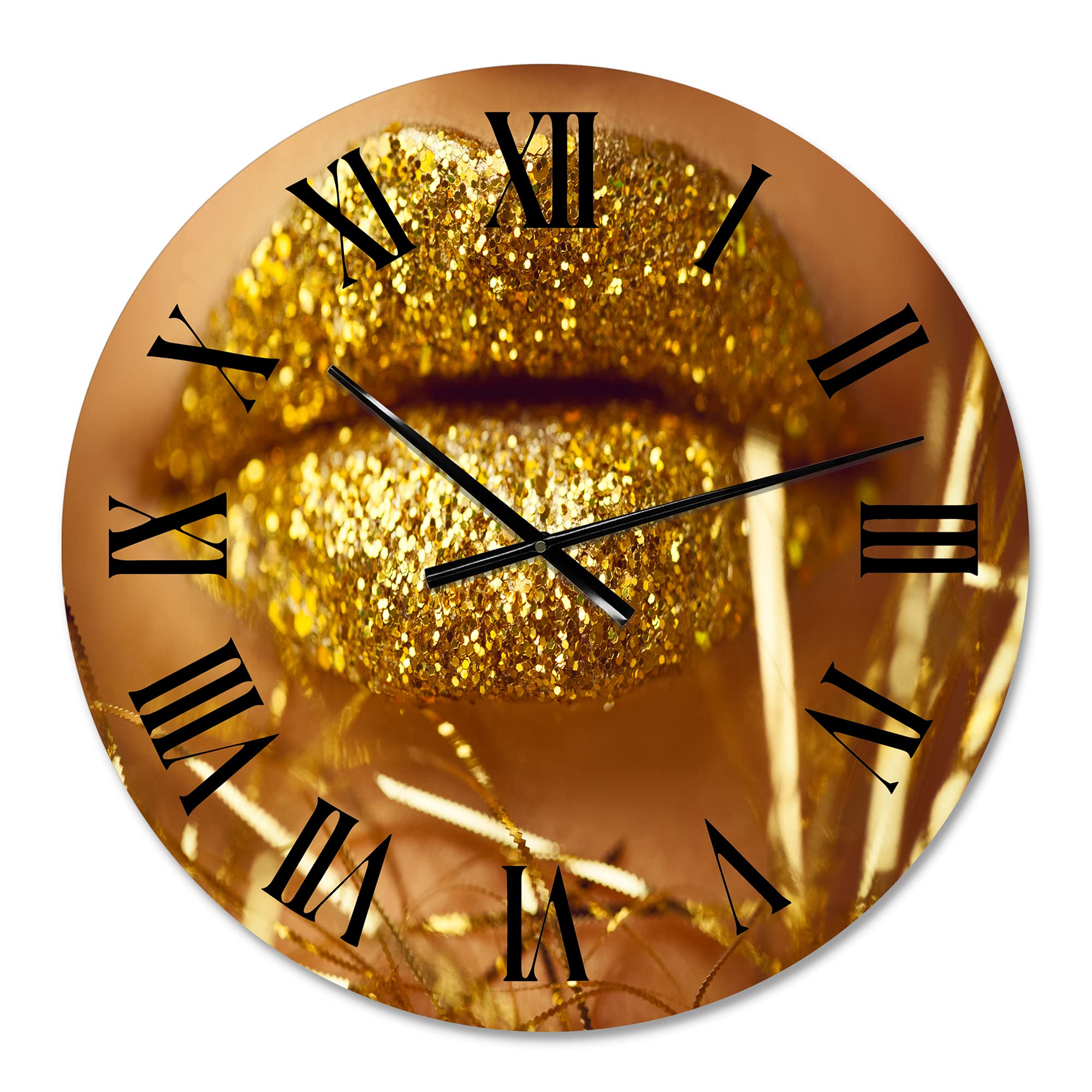 Golden Woman Lips Modern Wall Clock - Large Decorative Clock for Living Room, Bedroom, Office | Stylish Home & Office Décor