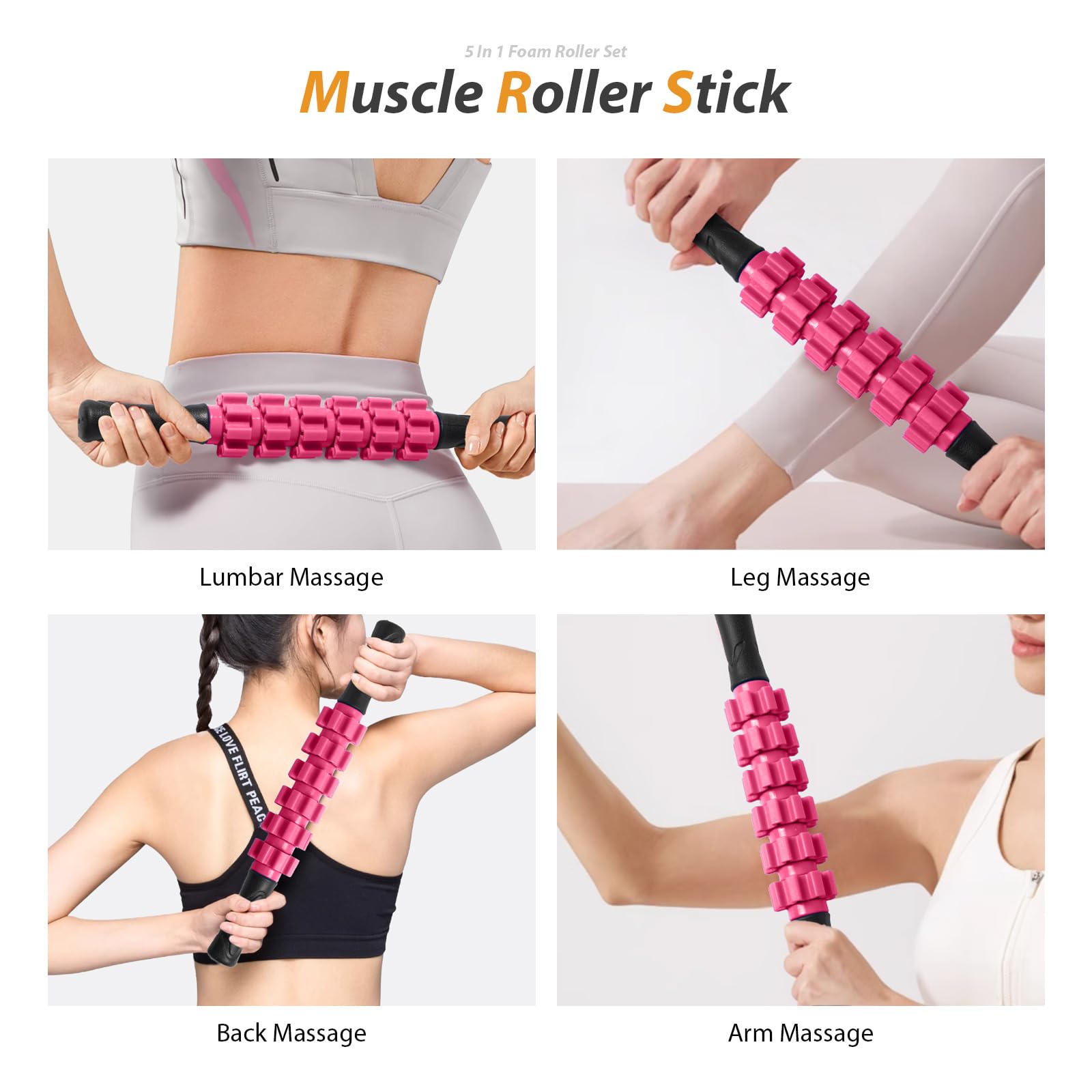 5 in 1 Foam Roller Set for Deep Tissue Muscle Massage & Recovery - Trigger Point Fitness Patented Exercise Foam Roller, Massage Roller, Massage Ball & Stretching Strap - Full Body Pain Relief for Athletes, Yoga & Post-Workout Recovery (Pink-Black)