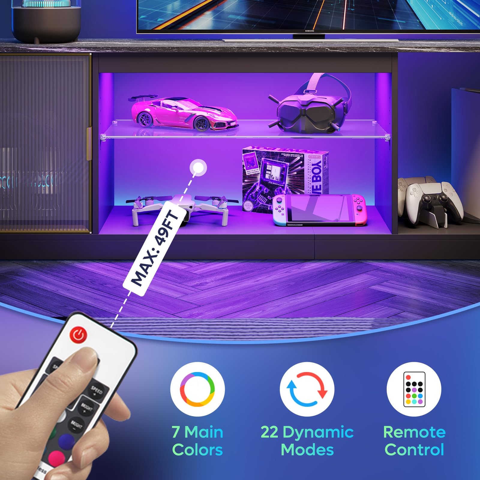 Bestier 80 Inch Gaming TV Stand with Adjustable Glass Shelf & Storage Cabinet - Modern Black Marble Entertainment Center for PS5, Xbox & Living Room - Perfect for Gaming Setups & Home Theater Systems