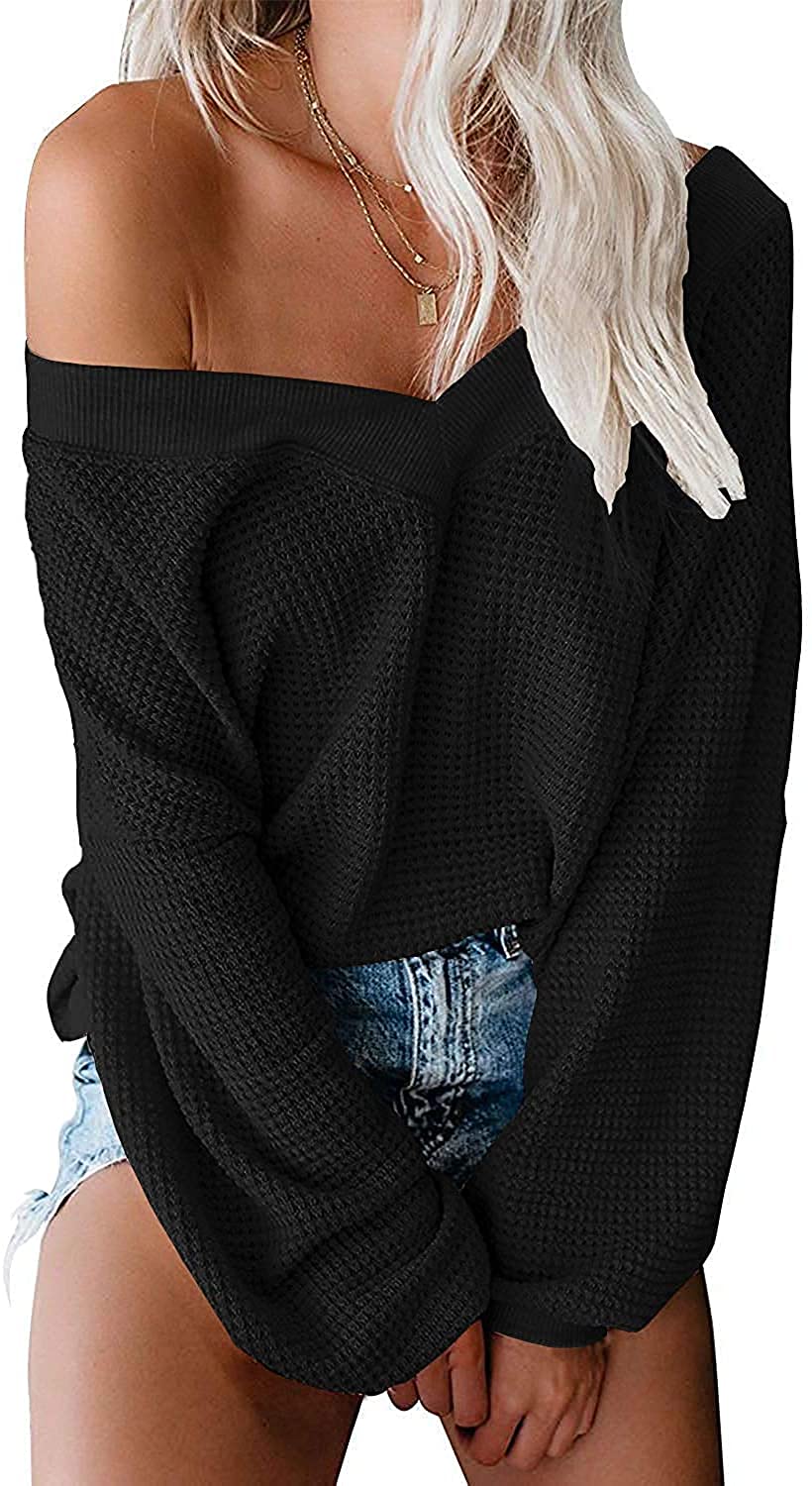 Aoulaydo Women's Oversized V-Neck Waffle Knit Pullover Sweater - Off Shoulder Loose Tunic Jumper Top for Casual Wear, Fall Fashion & Layering Outfits