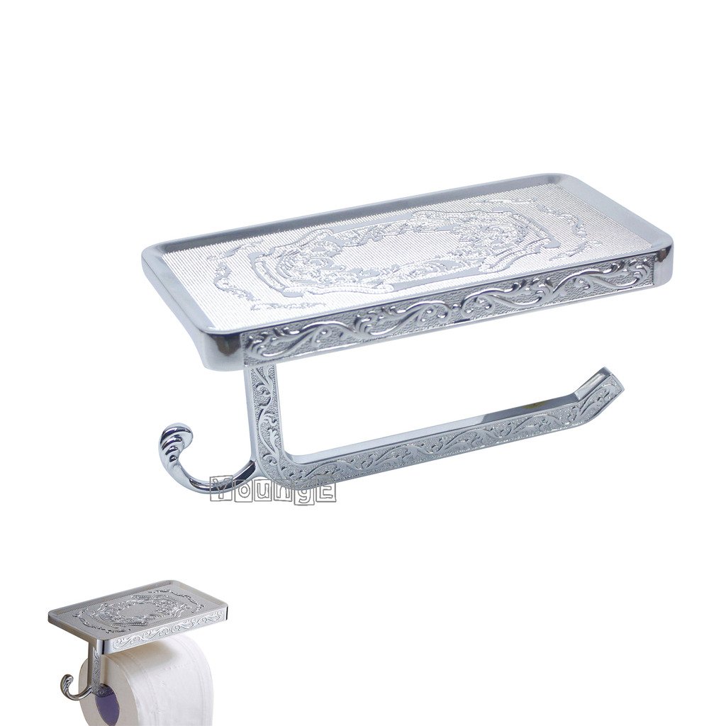 Antique Carved Toilet Paper Holder with Phone Shelf - Elegant Bathroom Tissue Storage for Home & Office (Silver) | Perfect for Vintage Decor & Modern Convenience