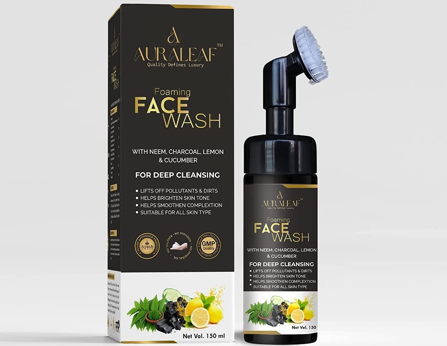 Auraleaf Foaming Face Wash with Neem, Lemon, Cucumber & Charcoal - Gentle Skin Cleanser for Bright, Clear Skin | All Skin Types | 150ml | Daily Deep Cleansing & Oil Control for Acne-Prone Skin