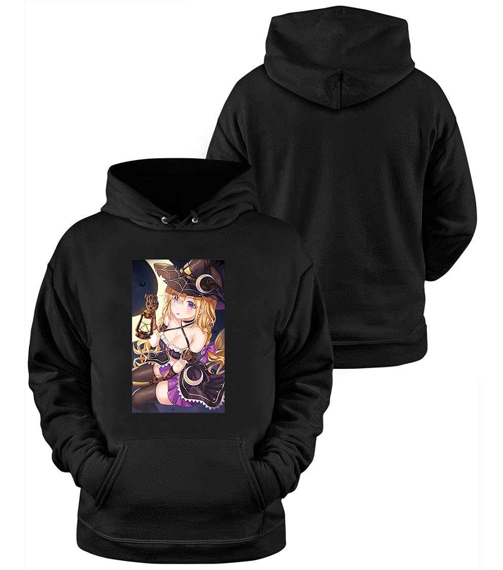 Halloween Anime Hoodie - Kawaii Anime Girl Witch Cosplay Hooded Sweatshirt for Women - Black Cute Waifu Hoodie for Halloween Party & Anime Conventions