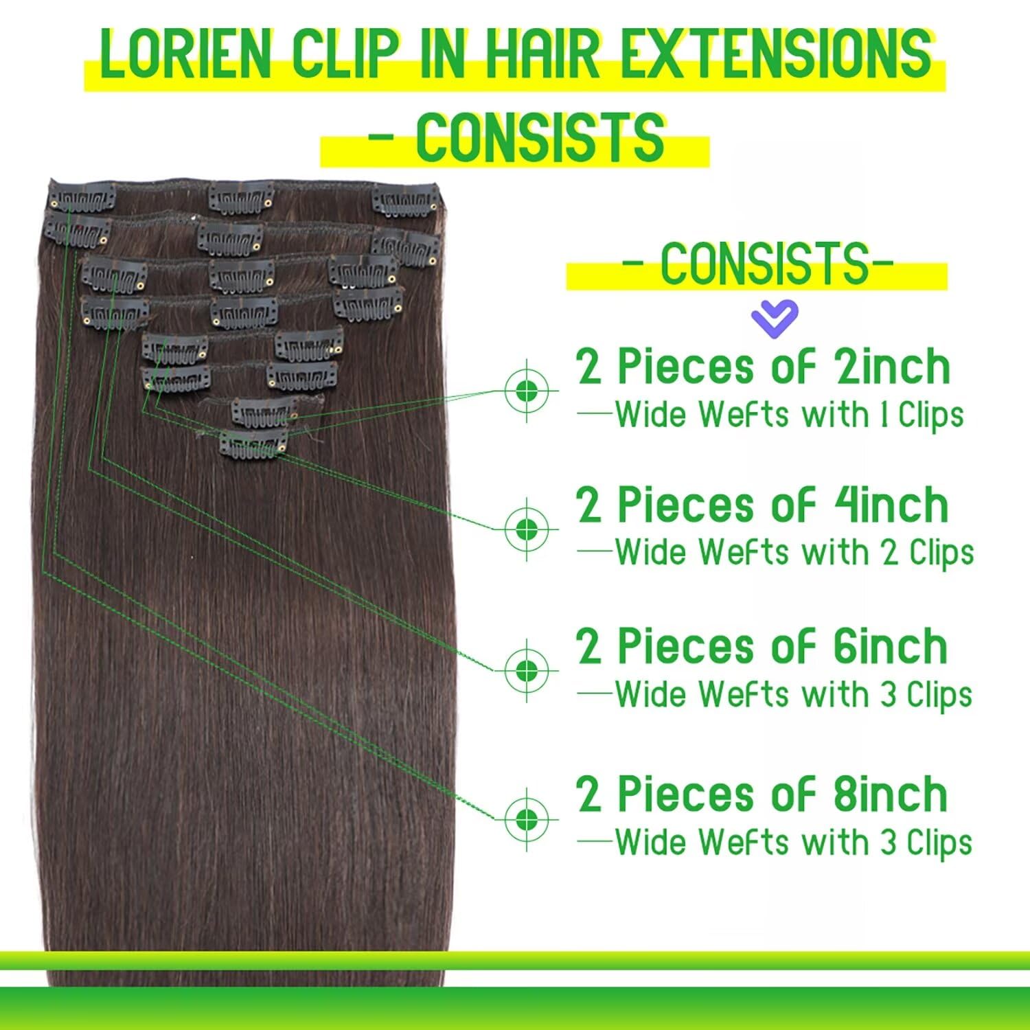 LORIEN 16 Inch Clip in Hair Extensions 100% Brazilian Remy Human Hair - 90g 8pcs Set with 18 Clips (Darkest Brown) for Volume & Length - Perfect for Parties, Weddings & Daily Styling