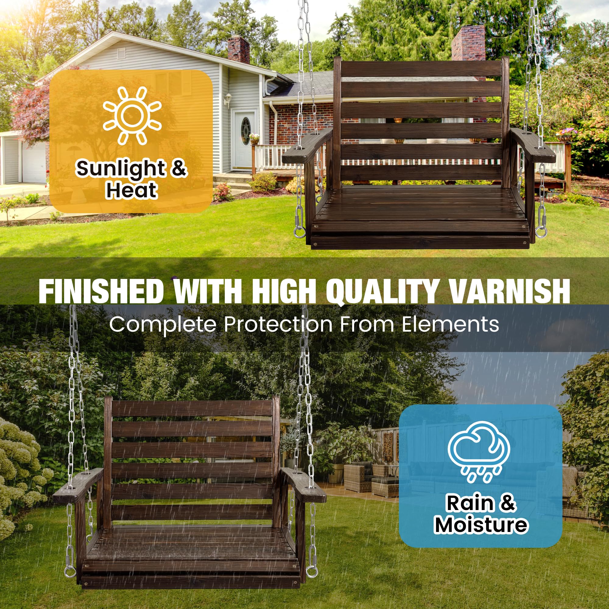 **Heavy Duty Wooden Porch Swing - Ergonomic Outdoor Bench Swing with Hanging Chains & 7mm Springs - Supports 880 lbs - Perfect for Patio, Garden, Yard & Backyard Relaxation (Deep Brown, 1-Seater)**