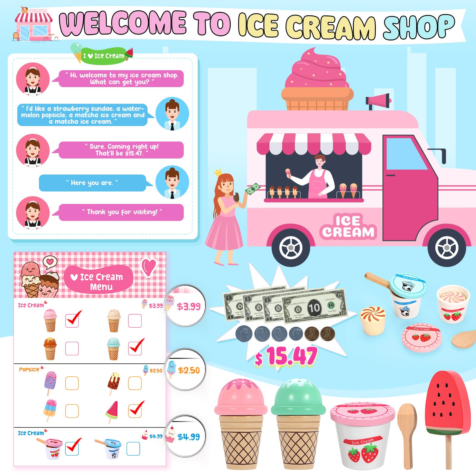 INNOCHEER Wooden Ice Cream Play Set - Pretend Play Kitchen Toys for Toddlers, Ice Cream Shop Playset with Scoop & Toppings - Educational Toys for 3 4 5 6 7 8 Year Old Boys Girls - Perfect for Birthday Gifts & Role Play Learning