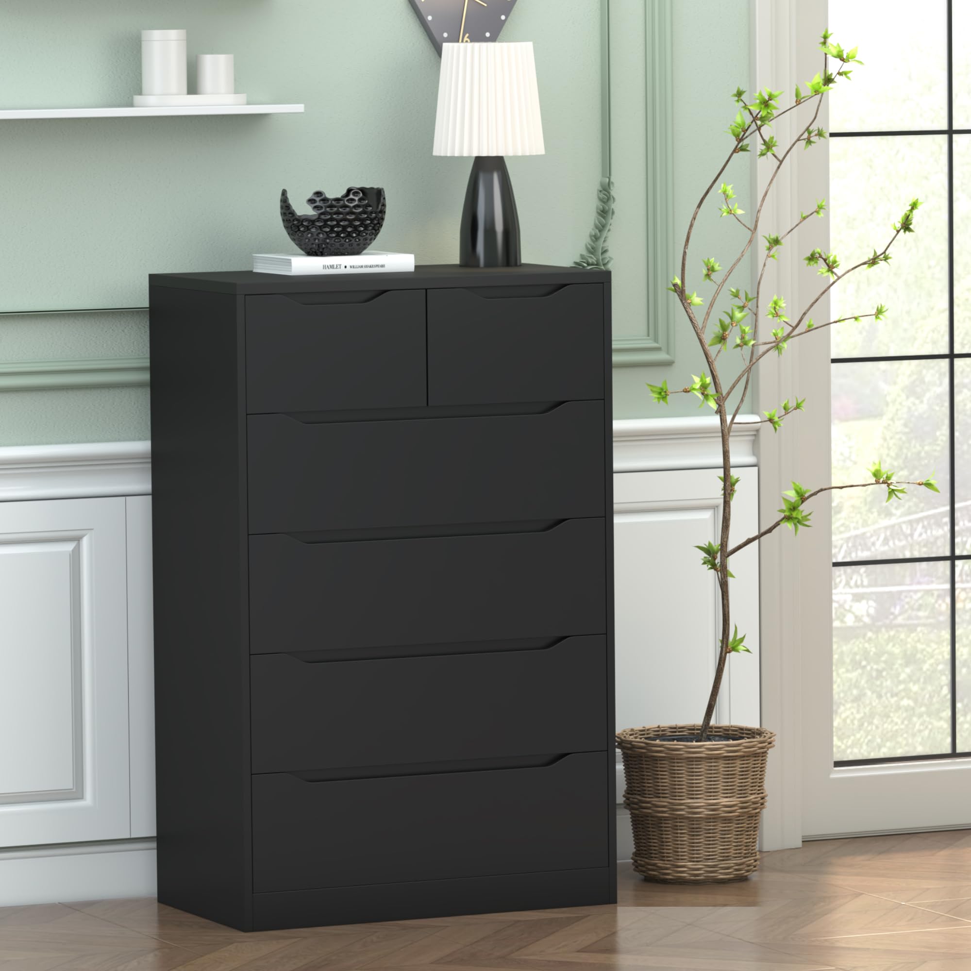 Modern 6-Drawer Tall Chest Dresser for Bedroom - Black Wooden Storage Dresser with Large Space (27.5