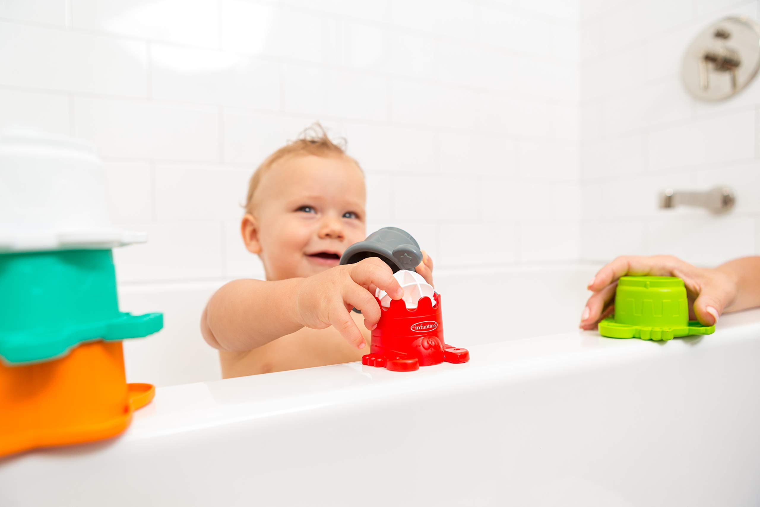 Infantino 8-Piece Stacking Cups Set with Water Mill – 7 Colorful Pyramids + 1 Interactive Water Mill – Perfect for Bathtime Fun & Early Learning Development