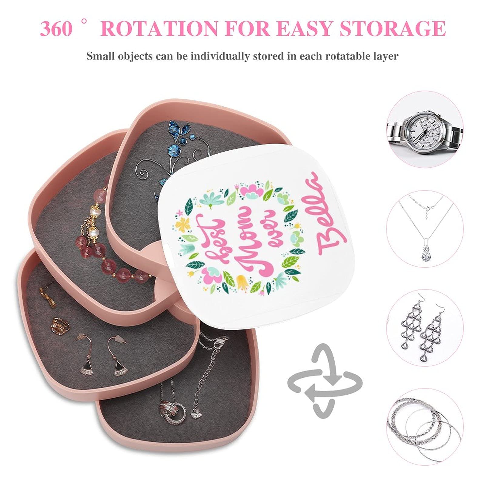 Personalized 4-Layer Rotating Jewelry Organizer Box with Name Engraving - Custom Jewelry Storage Case for Earrings, Necklaces, Bracelets & Rings - Perfect Gift for Mom, Birthday, Anniversary & Home Decor