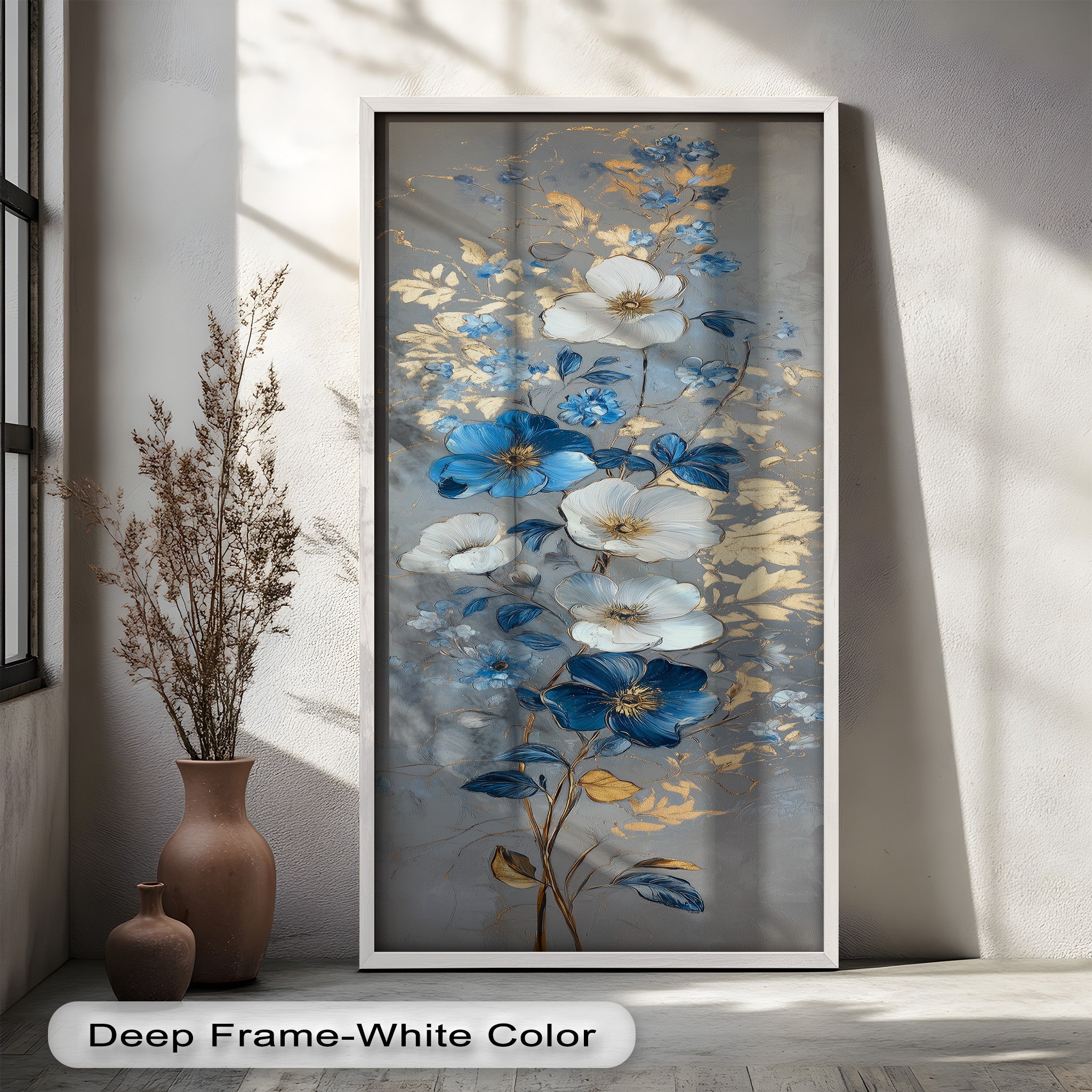 Blue and White Blossoms Floral Oil Painting Wall Art - Handmade Canvas Print for Living Room, Bedroom & Office Decor
