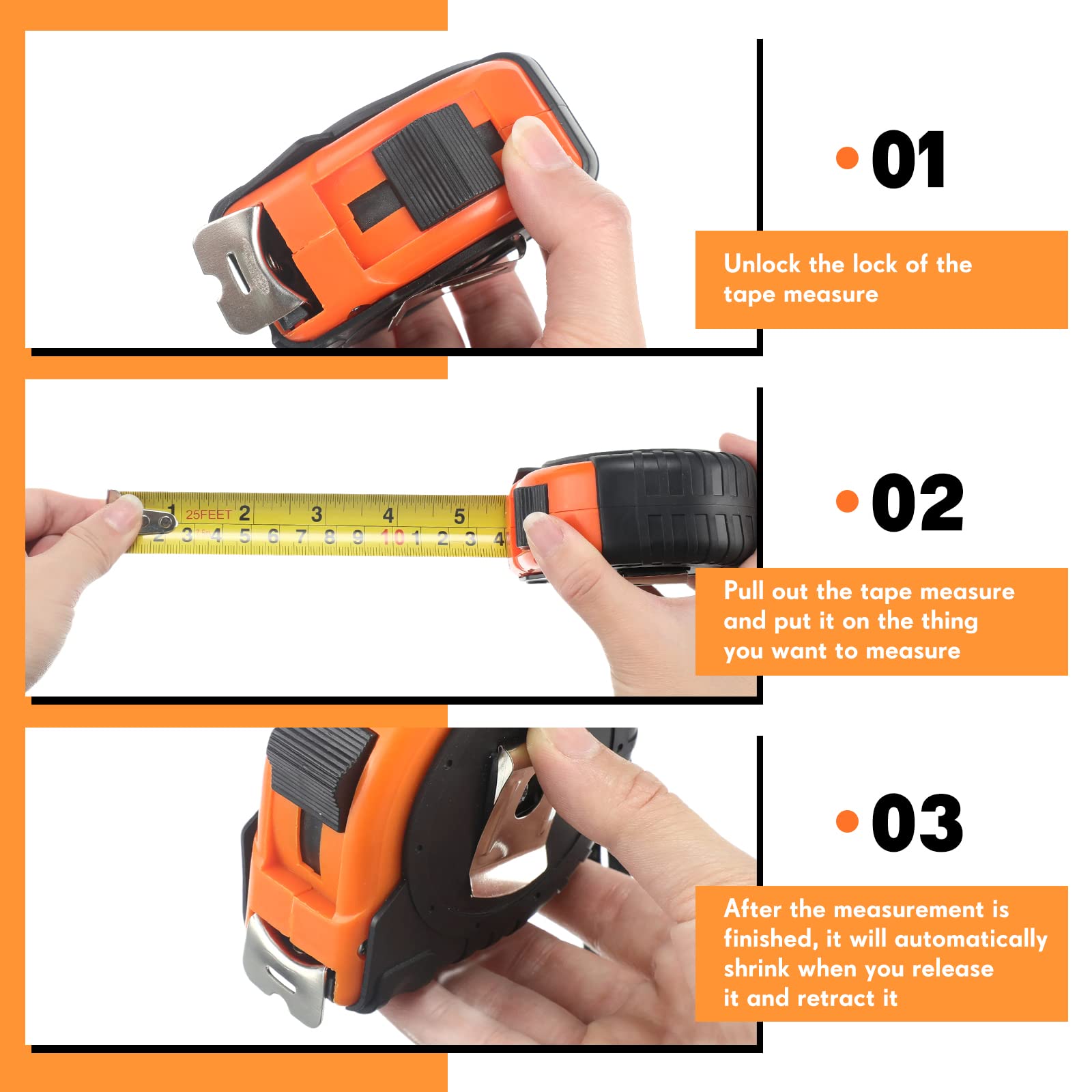 24-Piece 25-Foot Retractable Self-Locking Tape Measure Set - Dual Metric & Imperial Scale with Fractions - Ideal for Construction, DIY Projects, Sewing and Home Improvement