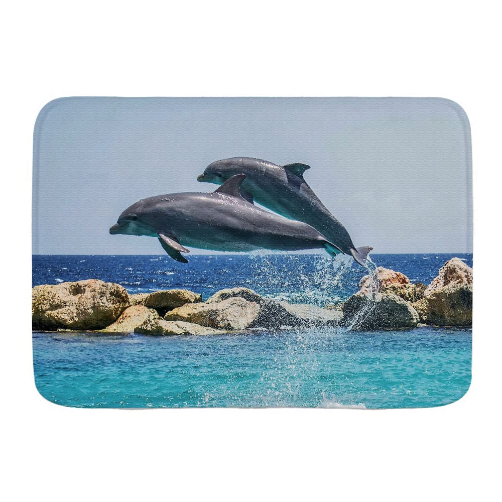 Non-Slip Decorative Bath Mat with Dolphins Jumping Out of Water - Blue Ocean View Soft Bathroom Rug for Kitchen, Bedroom, Indoor & Outdoor Use (29.5