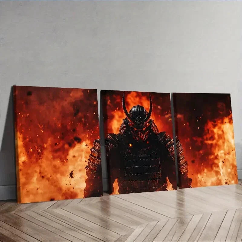 Crimson Warrior with Black Horns Wall Art Set - 3pcs Framed Canvas 50x70cm, High Quality Print | 100% Australian Made | Ready to Hang | Perfect for Living Room, Bedroom, or Office Decor