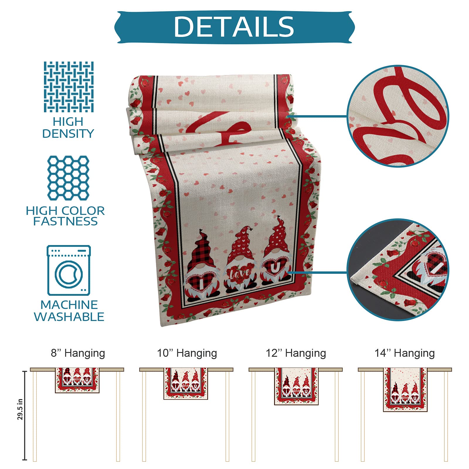 72 Inch Long Linen Table Runner with Valentine's Day Gnome & Heart Design - Elegant Kitchen & Dining Table Decor for Parties, Weddings, Home Decor (13x72 Inches) - Perfect for Romantic Dinners, Holiday Celebrations & Special Occasions