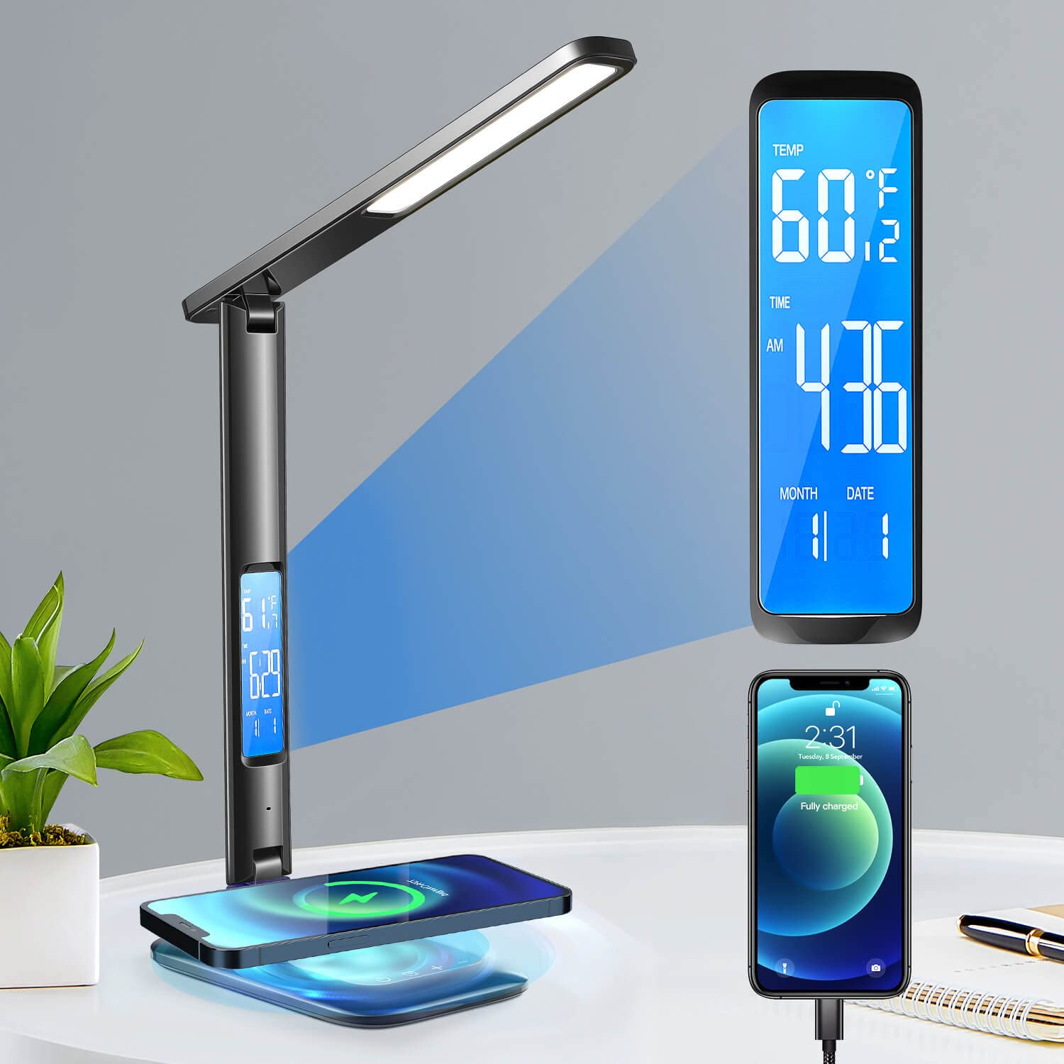 Mubarek 24W LED Desk Lamp with USB Charging Port - Adjustable Dimmable Table Lamp with Clock, Date & Temperature Display - Perfect for Home Office, Study, Reading & Night Light Use