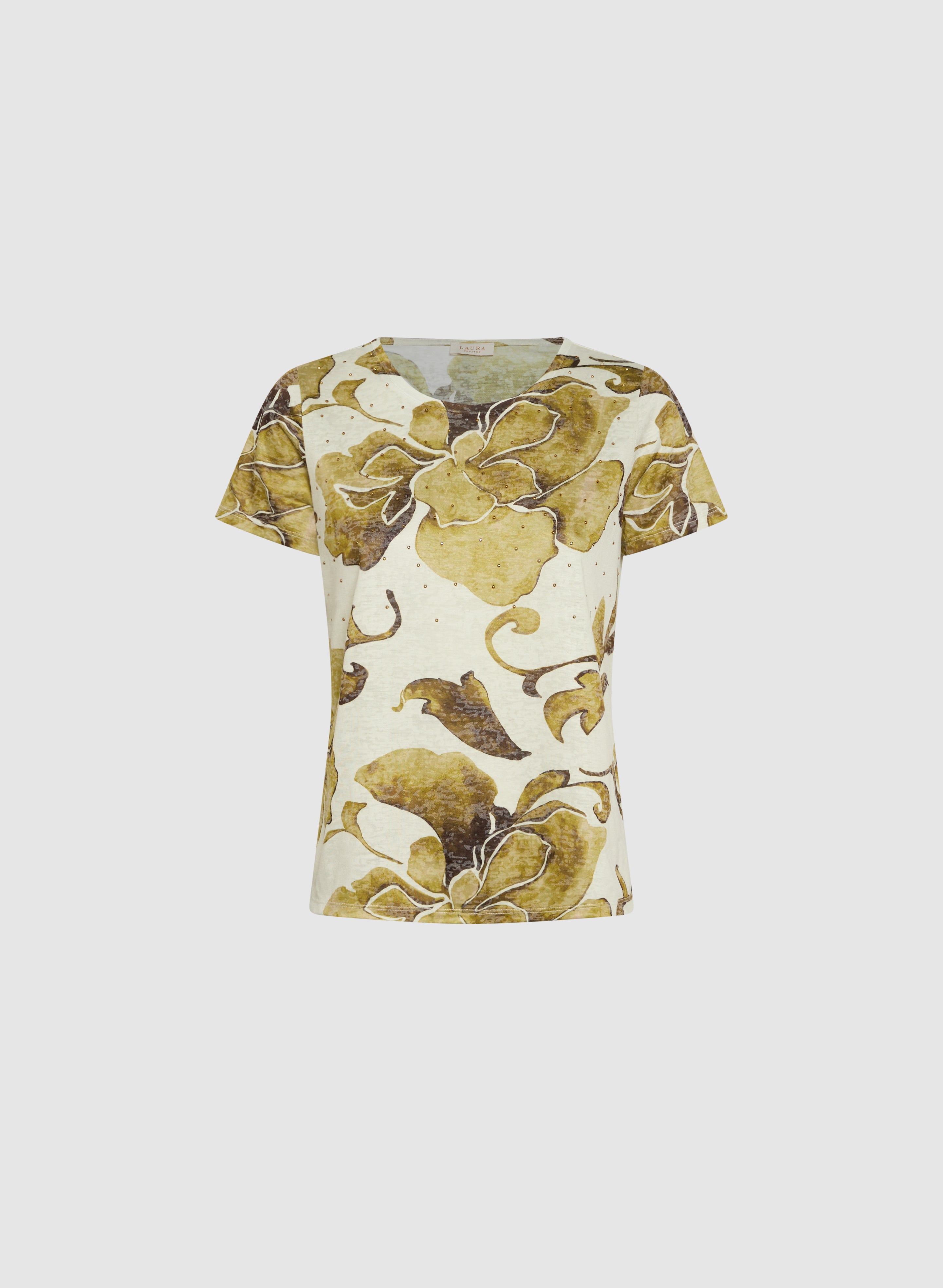 Floral Rhinestone T-Shirt for Women - Sparkling Crystal Embellished Top for Casual Wear & Party Outfits
