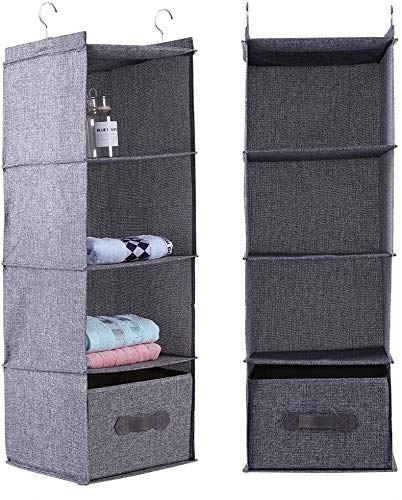 Hanging Closet Organizer with 4 Shelves & Drawer - Space Saving Clothes Storage Holder for Wardrobe, Closet & Dorm Room Organization