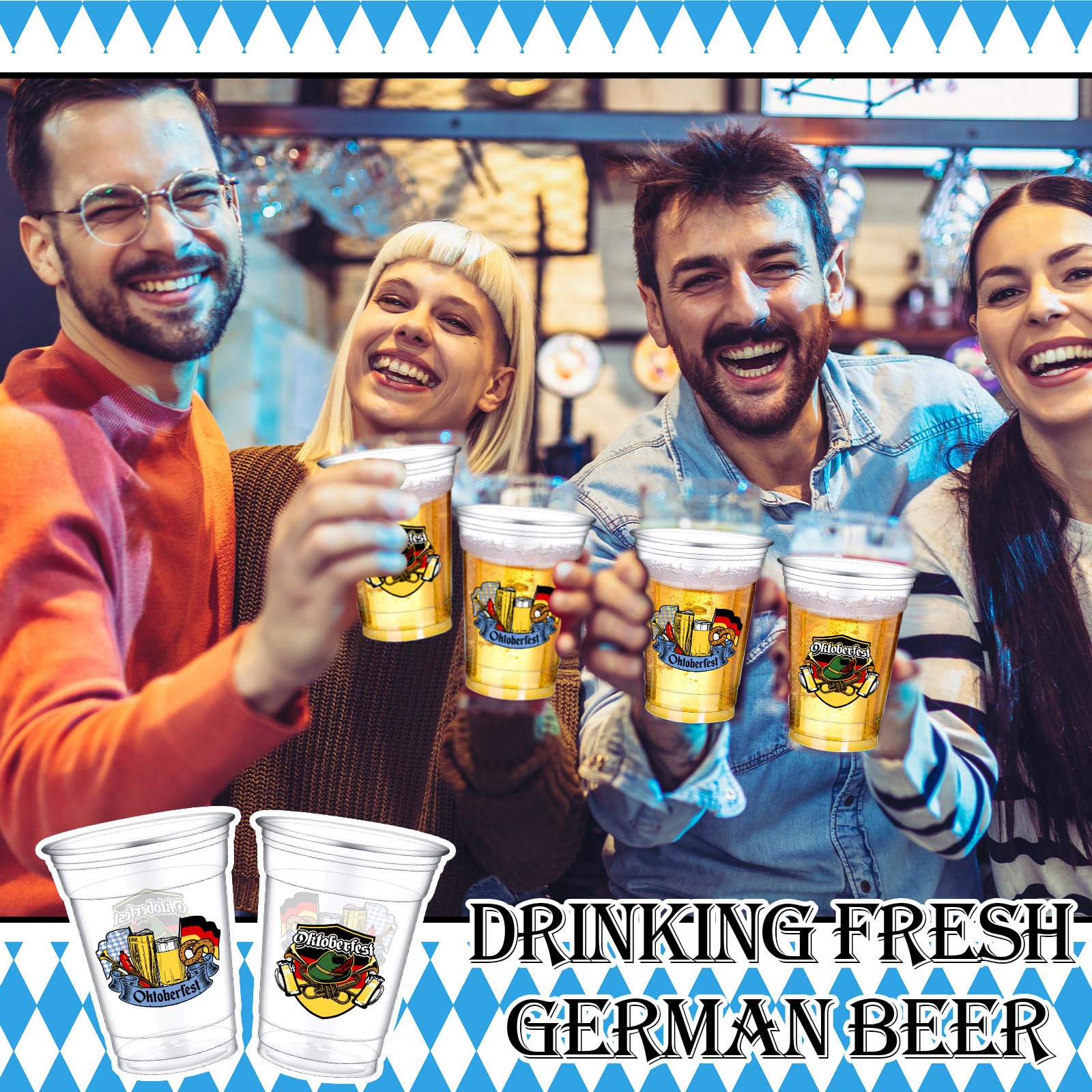 Bokon 100-Pack 16oz Oktoberfest Plastic Beer Cups - Thick Clear Disposable Cups for German Pretzel Beer, Bavarian Themed Party Supplies - Perfect for Oktoberfest Festival, Beer Tasting, and Themed Party Decorations