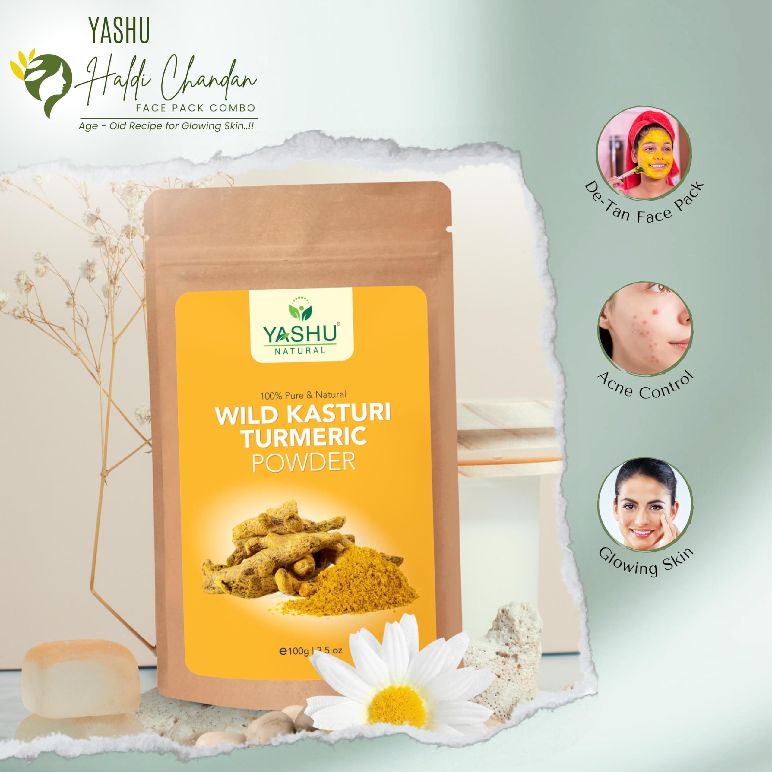 YASHU Pure & Organic Kasturi Turmeric & Sandalwood Face Pack Combo for Skin Brightening & Glow - 200g (Pack of 2) | Natural De-Tan Treatment for Radiant Skin | Perfect for Daily Skincare & Spa Days