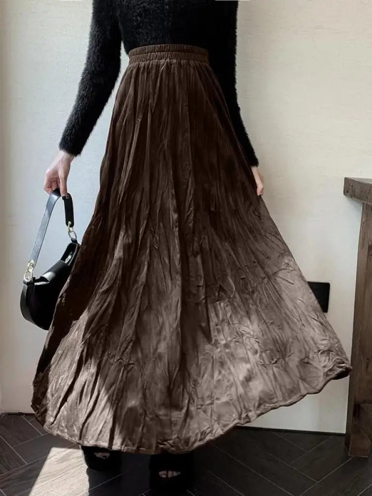 Women's High Waist Velvet Pleated Long Skirt - Black, Red & Brown Korean Style Elastic Waistband for Autumn Winter | Elegant Party, Vacation & Office Wear