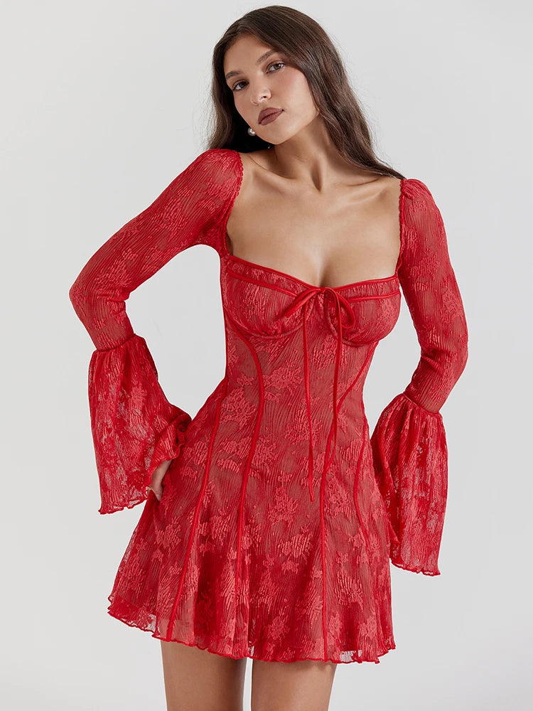Elegant Backless Long Flare Sleeve Print Mini Dress for Women - Square Collar A-Line Pleated Club Party Sexy Dress | Perfect for Night Out, Date Night, Cocktail Party and Special Occasions