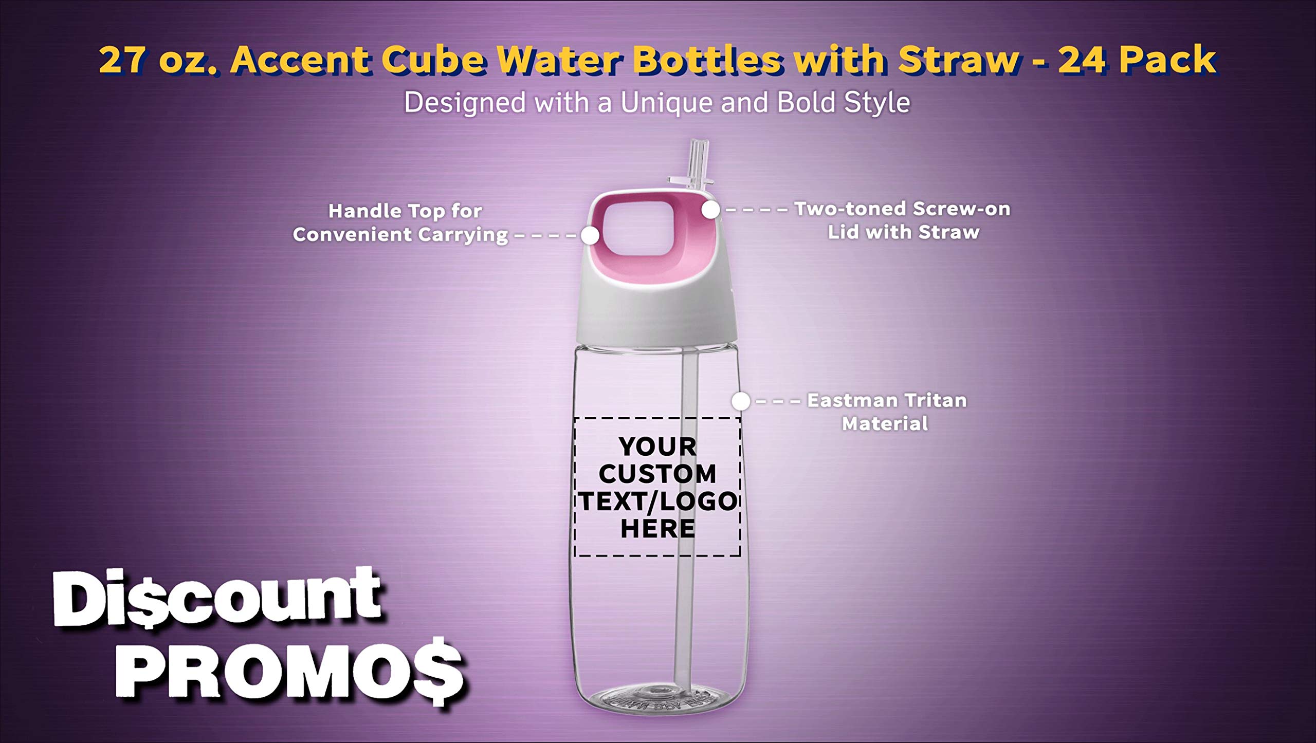 24 Pack 27 oz Plastic Water Bottles with Straw - Customizable Text & Logo - BPA Free Tritan Material - Accent Cube Design in Pink - Perfect for Schools, Gyms, Offices and Outdoor Activities