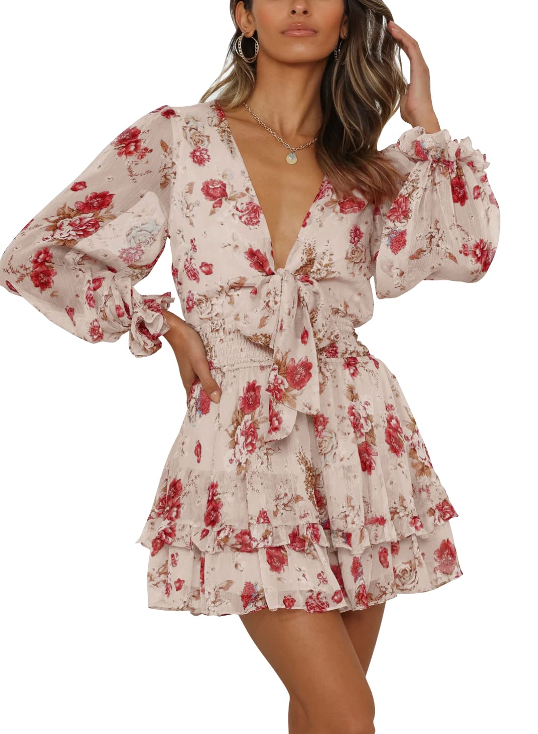SySea Women's Summer Mini Dress - Tie Front V Neck Long Sleeve Ruffle Swing A-Line Dress for Wedding Guest, Party, Date Night & Casual Outings
