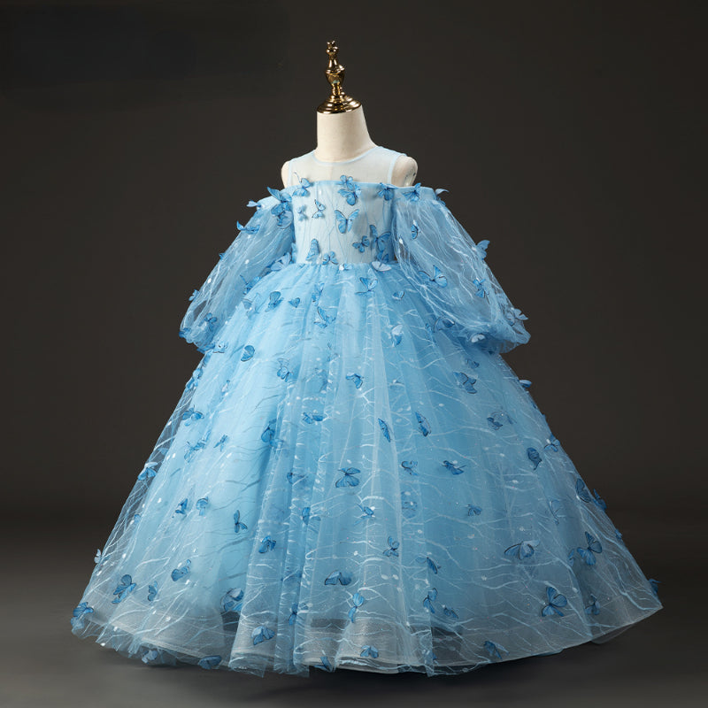 Elegant Baby Girls Blue Butterfly Puff Dress - Toddler Girl Party Dresses for Birthday, Photo Shoot & Special Occasions