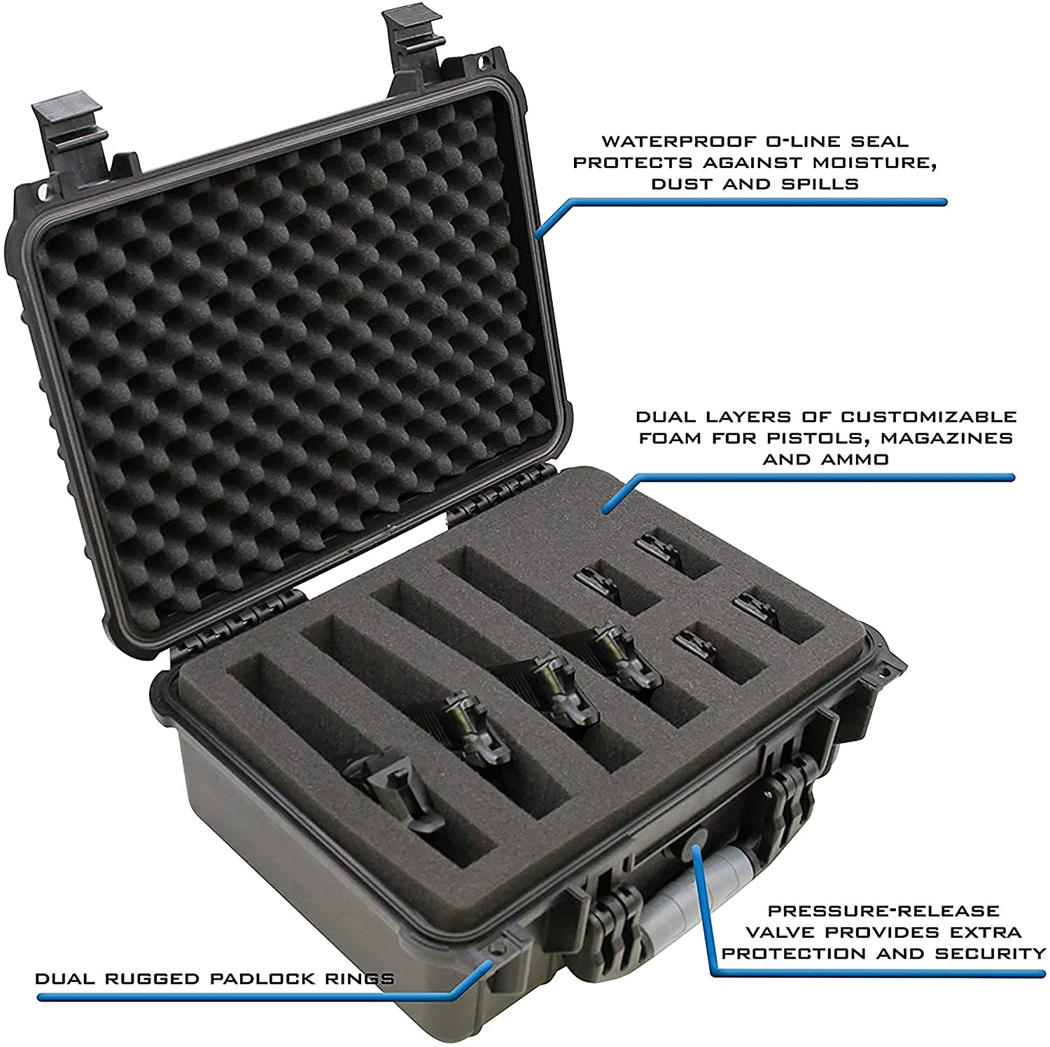 CASEMATIX 16 Customizable 4 Pistol Waterproof Shockproof Hard Gun Case with 2 Layer Foam for Pistols & Magazines - Perfect for Range, Travel & Secure Storage