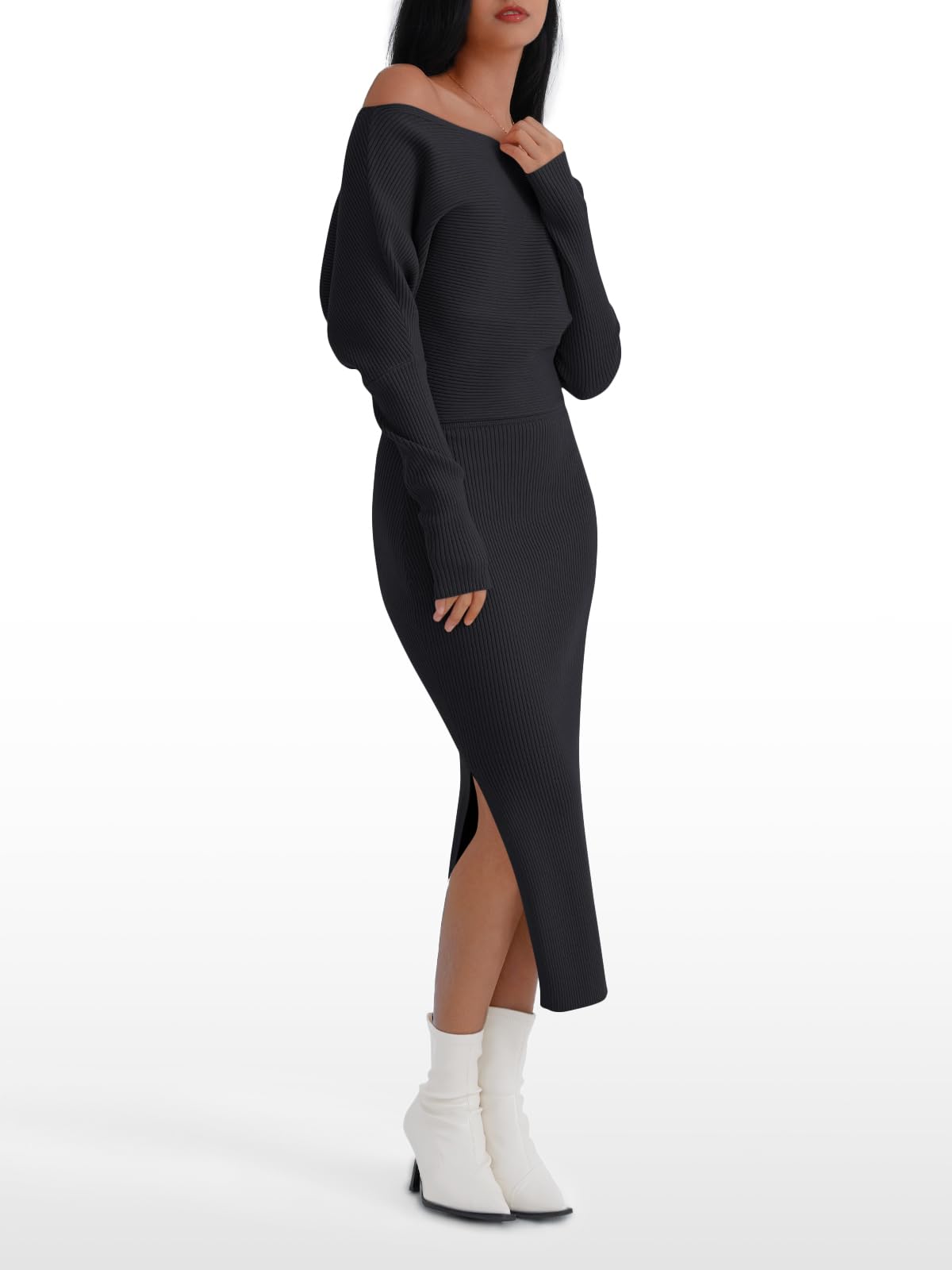 LILLUSORY Women's Off Shoulder Sweater Dress - Long Sleeve Midi Knit Dress for Fall & Winter, Plus Size Fashion Outfits for Party, Date Night & Holiday Gatherings